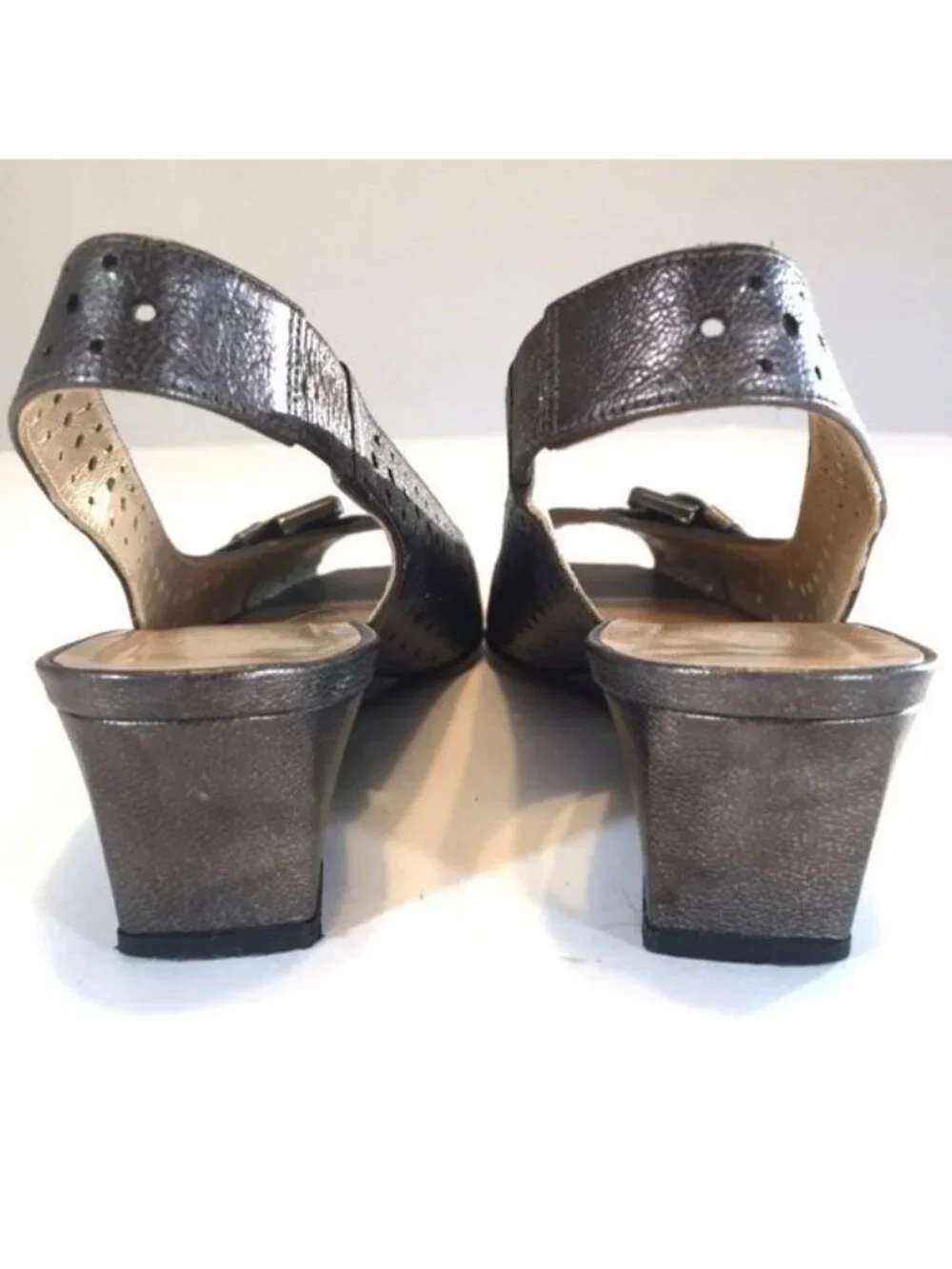 Stuart Weitzman Womens Gray Perforated Leather Wedge Heels Slingback size 6.5
